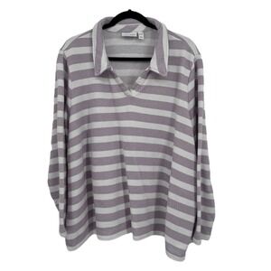 d&co Denim & Co Women's 3X Purple Striped Collared V-Neck Sweatshirt Cozy Cotton